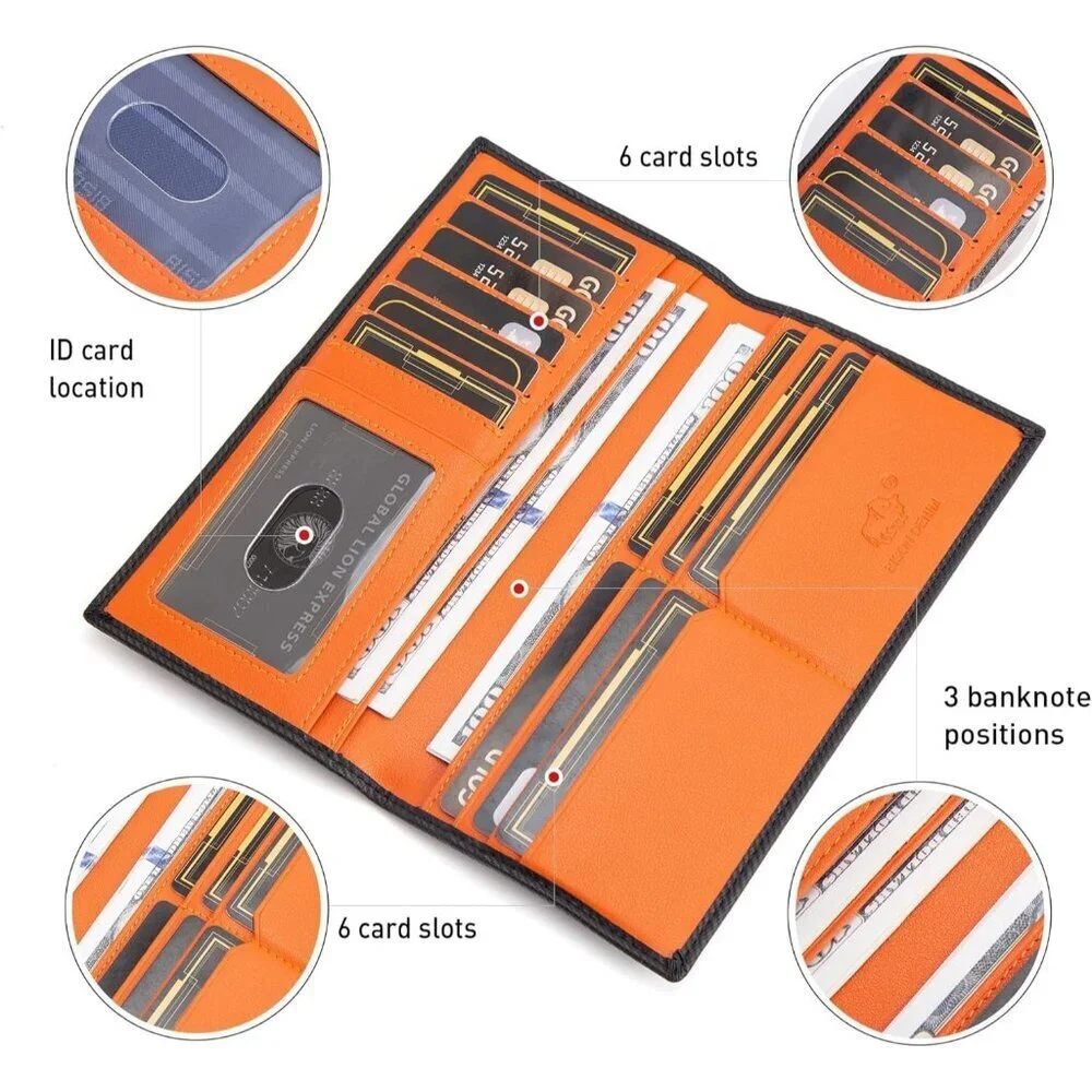 Men's Bifold Long Wallet Card Orange Real Leather Zipper Coin Pocket Design